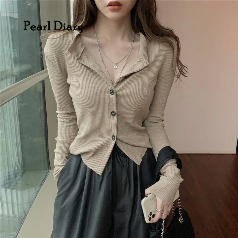 

Pearl Diary Women Spring Autumn Knitting Rib Cardigans Buttons Front Long Sleeve Casual Going Out Crop Cardigans