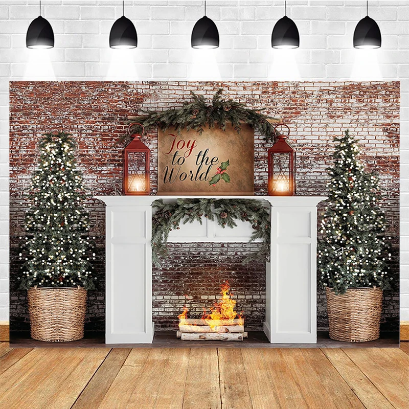 

Mocsicka Red White Brick Wall Christmas Photography Backdrops Fireplace Xmas Tree Decoration Photo Props Studio Booth Background