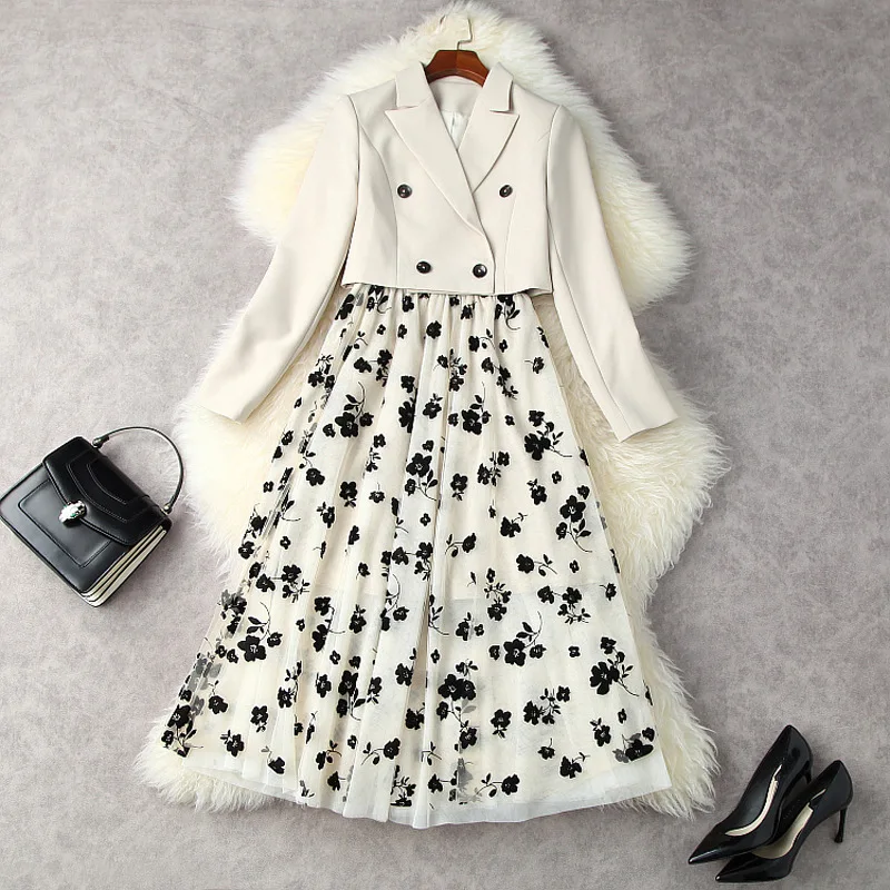 

Женский офисный костюм из двух предметов, двубортный короткий пиджак и Флокированная сетчатая юбка на подтяжках, осень 2021