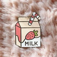 kawaii strawberry milk pastel hard enamel pin cute pink milks paper box badge accessories cartoon drink brooch unique child gift