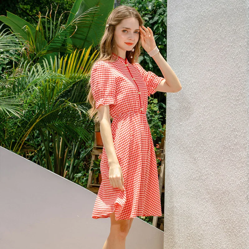 

Gentle Wind Red Dress Retro First Love Short Puff Sleeve Temperament French Summer A-line Skirt V-neck