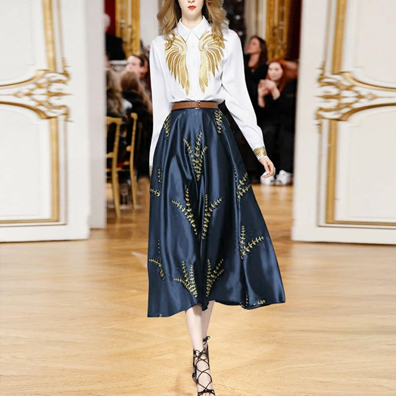 

Runway High Quality Fashion New Spring Autumn Women Sets Embroidery Shirt Tops Printed Skirt Casual Office Elegant Party Suit