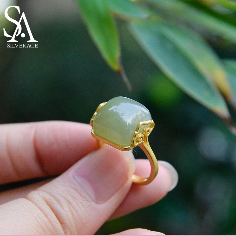 

SA SILVERAGE Original S925 Sterling Silver Jade Lady Temperament Simple Retro Elegant Opening Jade Ring Sterling Silver Rings