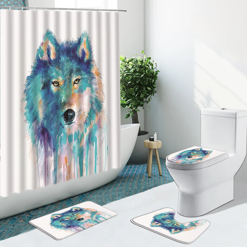 Занавески для душа с изображением леса животных волка растений цветов снега гор