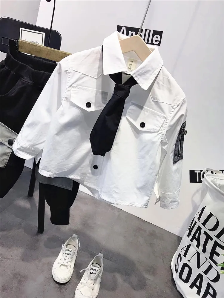 white shirt Одежда для маленьких мальчиков осенний студенческий костюм для детей 2, 3, 4, 5, 6, 7 лет, рубашка+ брюки-карго комплекты из 2 предметов для мальчиков, наряды для Дня благодарения - Цвет: white shirt