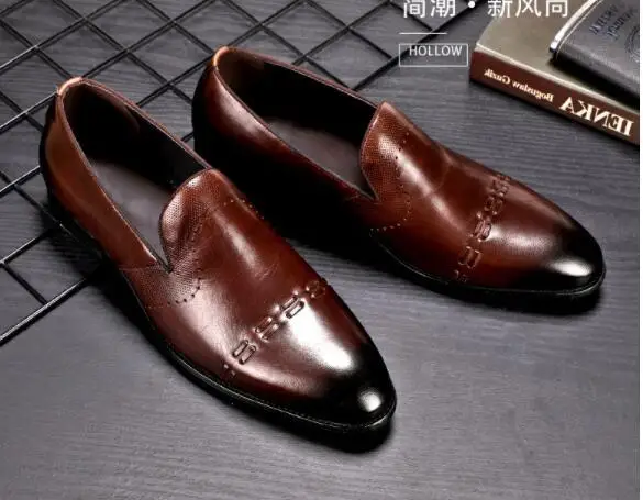 Мужские модельные туфли из воловьей кожи слипоны с резным узором дышащие
