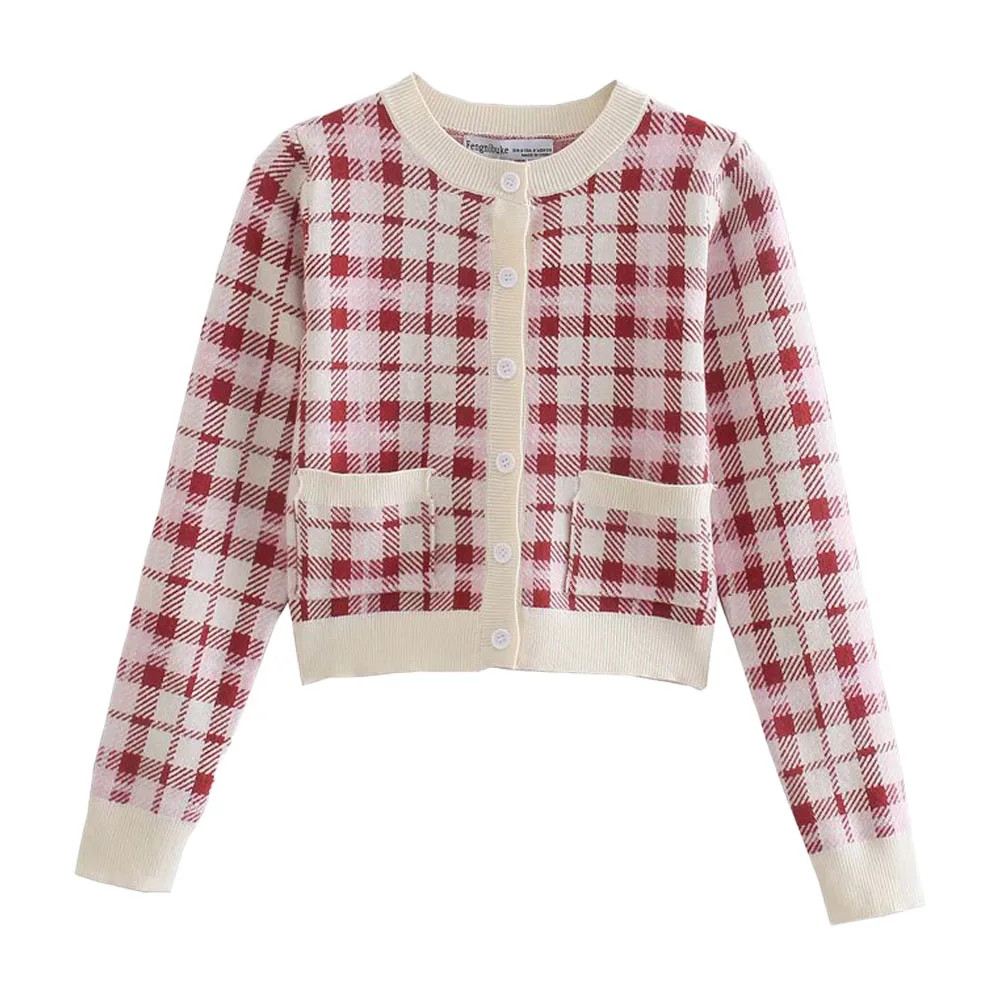 

Women's 2022 Fashion New Round Neck Plaid Knitting Jacket Casual Short Retro Long Sleeve Female Chic Blouse Mujer