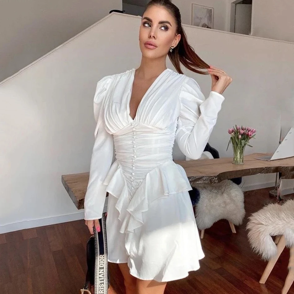

2021 Summer Women'S Sexy White V-Neck Pleated Puff Sleeve Ruffled Button Design Mini Dress Bodycon Celebrity Club Party Dress