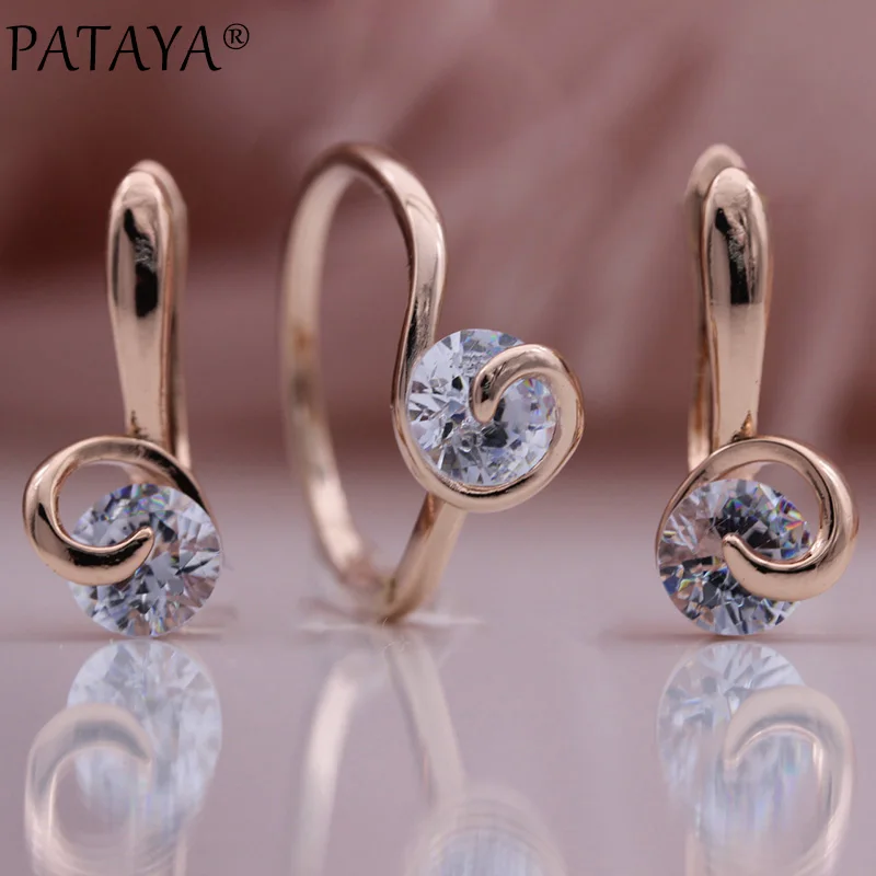 

PATAYA New Fashion Jewelry Set 585 Rose Gold Color Natural Zircon Dangle Earrings Ring Sets Romantic Wedding Women Noble Gift