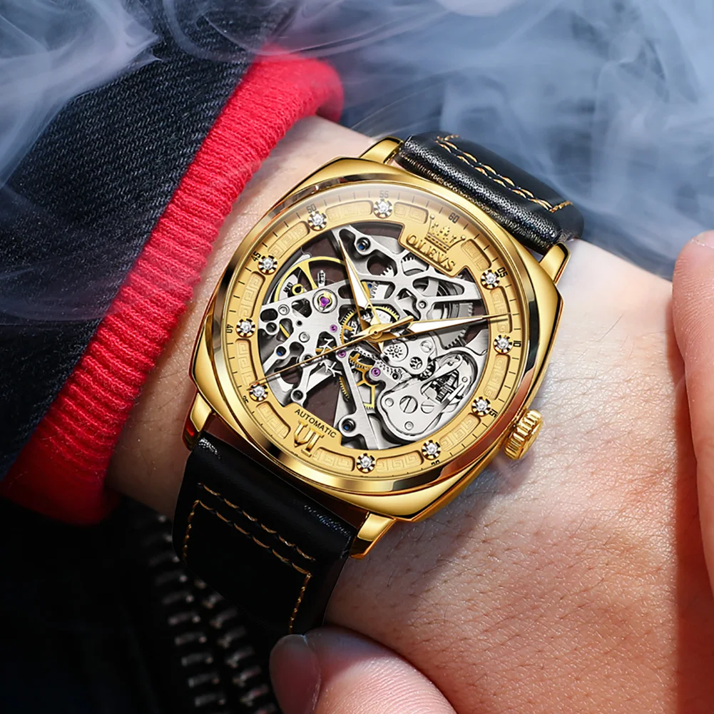 

Automatic Watch For Men Top Luxury Brand Mechanical Watch Certification Waterproof Leather Strap Gold Hollow Dial Punk Style