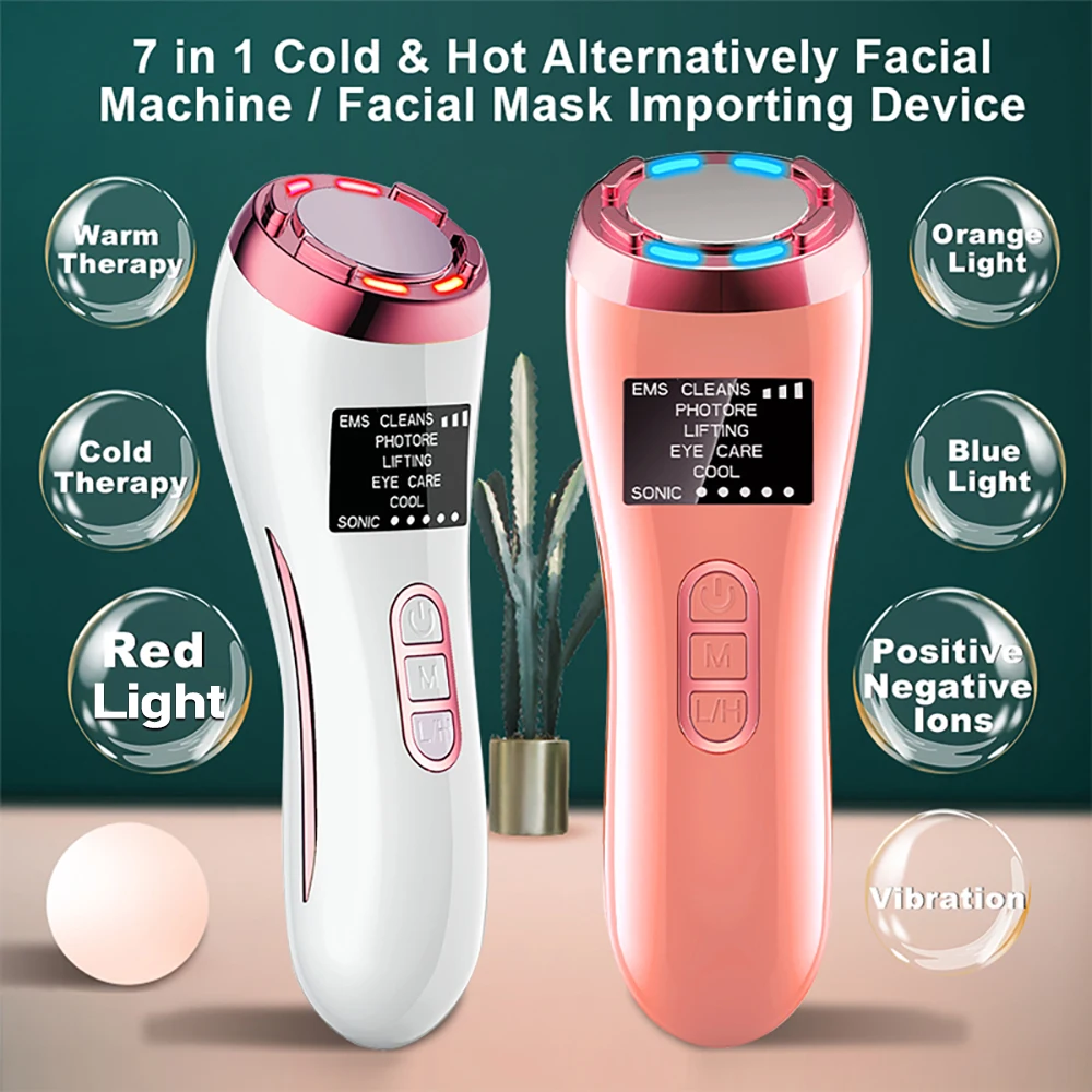 

7in1 EMS Cold & Hot Vibration Facial Massager LED Photon Therapy Skin Rejuvenation Cleaning Remover Wrinkle Face Beauty Device