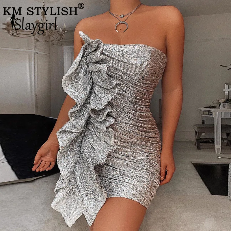 КМ СТИЛЬНЫЙ 2019 Женская Одежда Vestidos Ruffles Платье Новой Моды Сексуальный Пайетки Труба Верхнее Коктейльная Вечеринка Bodycon Сумка Бедро.