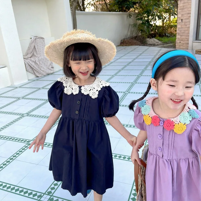 

New Lace Girl Dress Kids Baby 2021 Fashion Spring Summer Puff Sleeve Princess Casual Long Style Solid Dresses Children Clothing