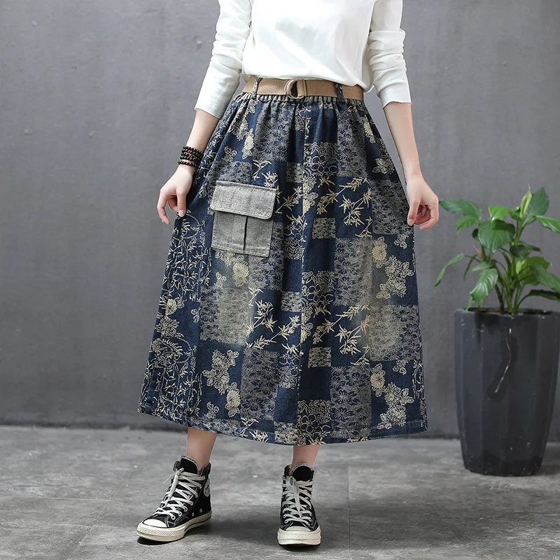 Джинсовая юбка в стиле ретро с принтом длинными свободными рукавами