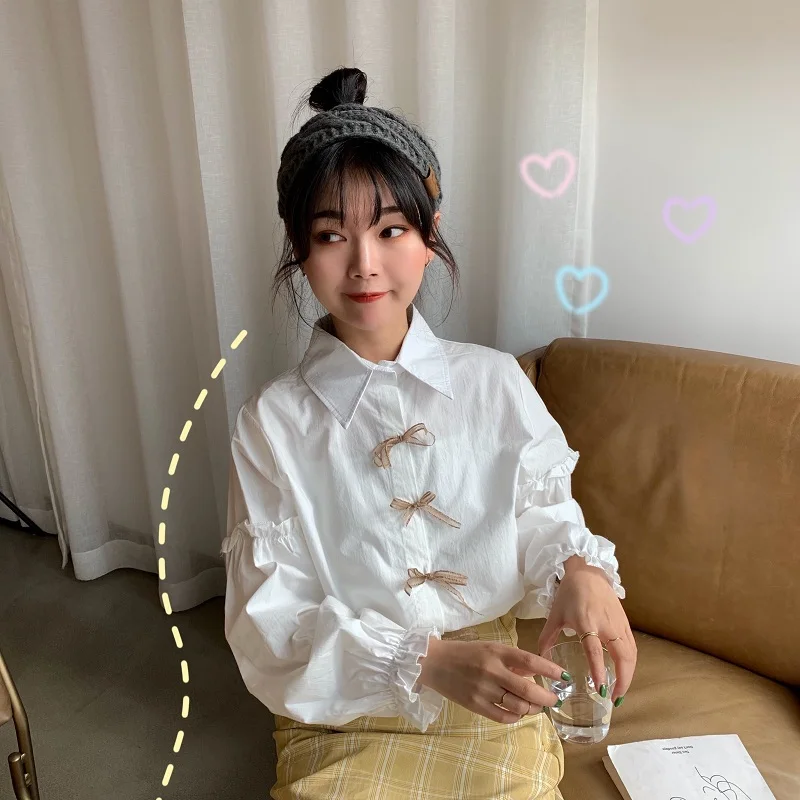 

Korean preppy style turn-down collar white bow full loose ladies tops high quality Women's Clothing Shirts Spring and autumn hot