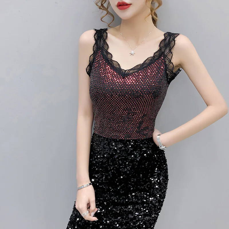 

Women's sleeveless cotton vest, Korean clothing, lace, diamond, vest fashion, lapel shirt, black, summer 2021