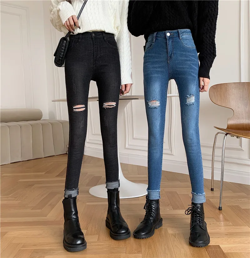 

New High Waist Skinny Jeans Women Vintage Distressed Denim Pants Holes Destroyed Pencil Pants Casual Trousers Summer Ripped Jean