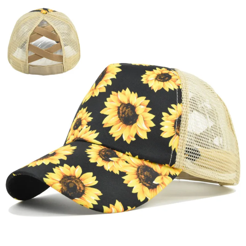 

2021 New Sunflower Rainbow Stripes Baseball Cap Mesh Hollow Criss Cross Ponytail Dad Hat