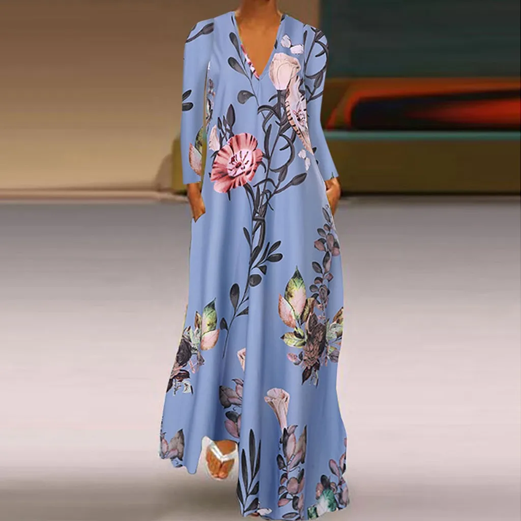 MISSOMO vestidos, макси платье, женское Повседневное платье размера плюс 5XL, женское платье с v-образным вырезом, с цветочным принтом, с длинным рукавом, свободные платья, платье для вечеринки 910