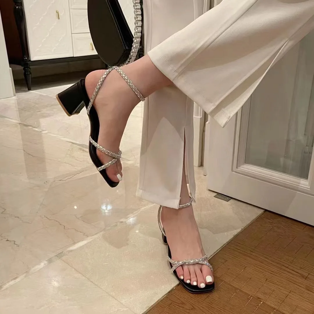 

Fashion Women Sandals Rhinestone Narrow Band Thick Mid Heels Ankle Strap Solid Color Ankle Strap Fashion Sandals Slides Dress