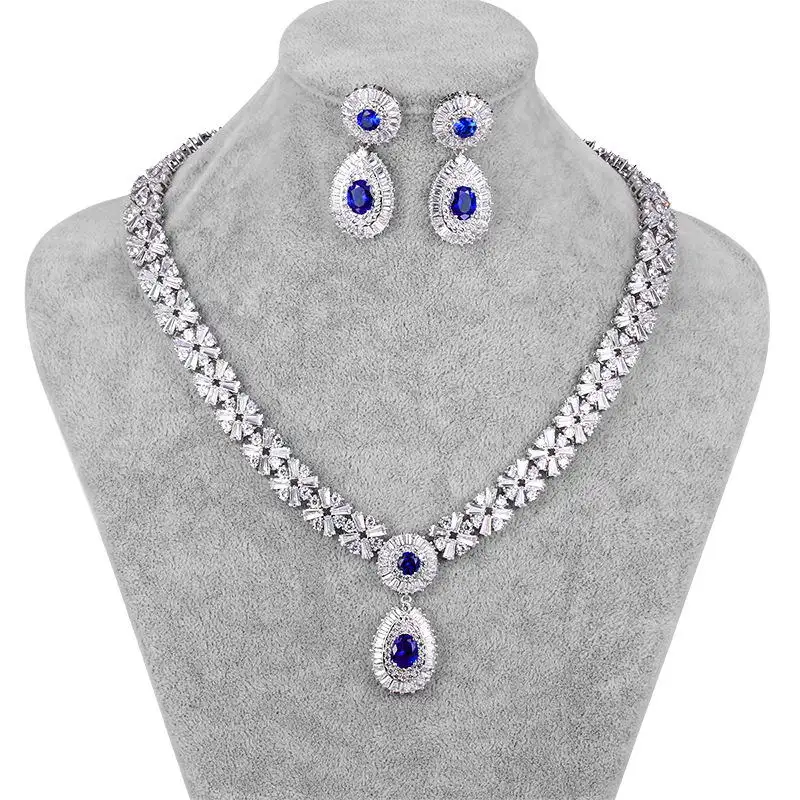 Blue silver WEIMANJINGDIAN Новое поступление роскошный кубический цирконий CZ Кристалл ожерелье и серьги свадебный ювелирный набор для невесты или подружки невесты - Окраска металла: Blue silver