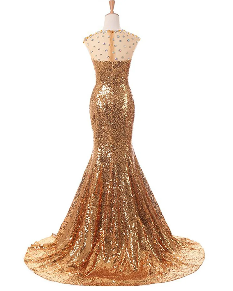 Elegant Gold Sequin Evening Dress O Neckline Crystal Beaded Mermaid Evening Gown Long Party Dresses