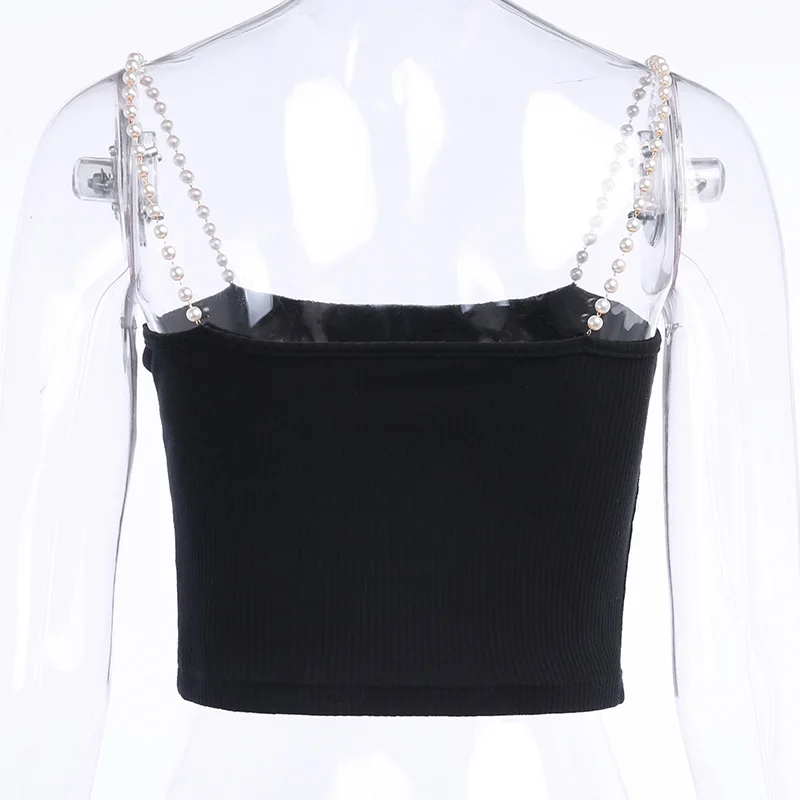 

Women's Sexy Cami Crop Top Chic Sleeveless Pearl Spaghetti Pearl Strap Basic Tees Slim Fit Rib Knitted Camisole Vest Ropa Mujer