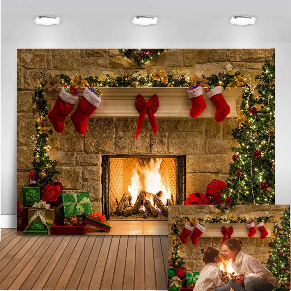 

Mocsicka photography backdrop chirstmas fireplace portrait photo shoot background Rustic Wood background for photocall christmas