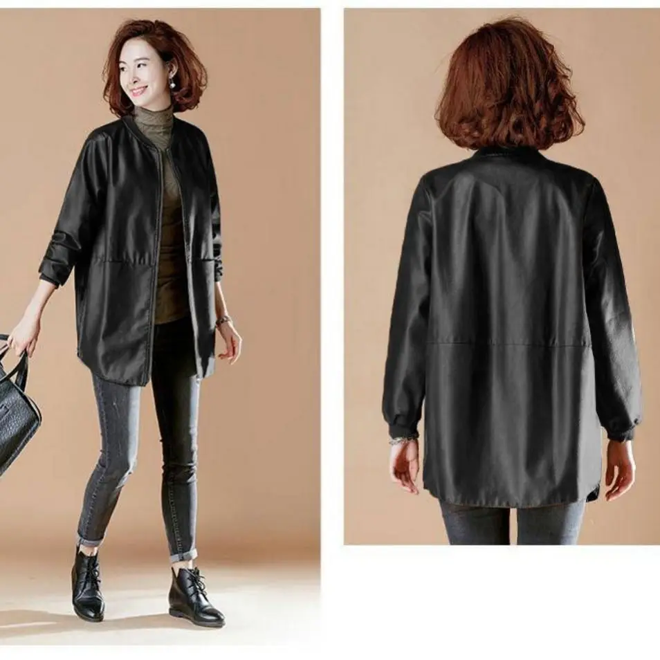 Female Coat Does Not Split Leather Mid-length Leather Jacket 2021 Spring Autumn Women's New Coat Loose Leather Jacket Coat CW129