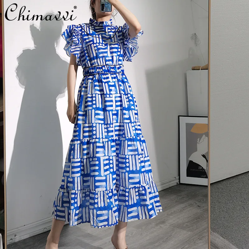 

2021 Summer New Casual Printed Ruffled Stand Collar Long Dress Women Short Sleeve High Waist Slimming Dress