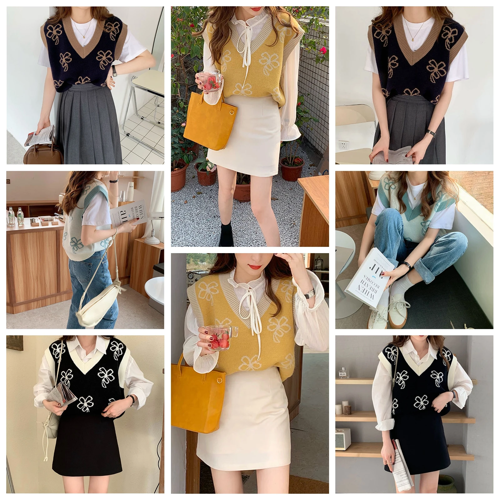 

Womens Casual V-neck Knitted Vest Fashion Flower Pattern Stacked-wear Sleeveless Tops