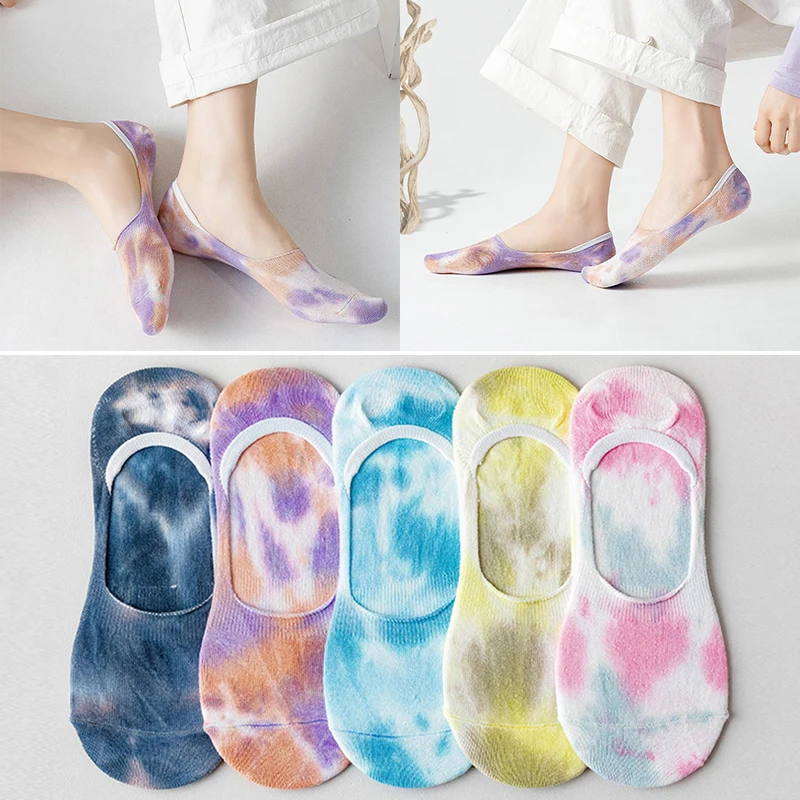 

1Pairs Spring Summer Women Socks Tie dye Color Fashion Wild Shallow Mouth Felmen Girls Female Invisible No Show Slipper Socks