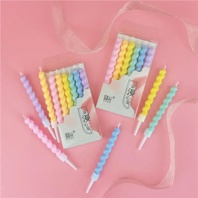 

Ins Style CakeToppe Macaron Candy Color Spiral Twisted Birthday Slim Smokeless Candle Baby Holiday Party Desse Cake Decoration