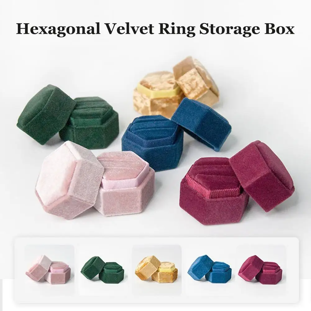 

Hexagon Velvet Ring Box Double Ring Display Holder With Detachable Lid Ring Box Holder For Wedding Ceremony Ring Storage Box