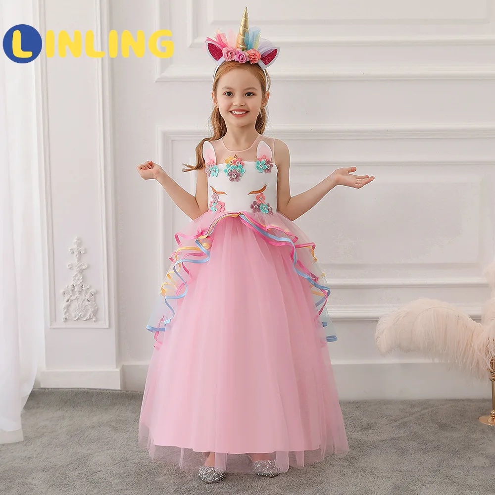 

LINLING New Unicorn Fluffy Dress for Girls Embroidery Ball Gown Baby Girl Princess Birthday Dresses for Party Kids Clothing P603