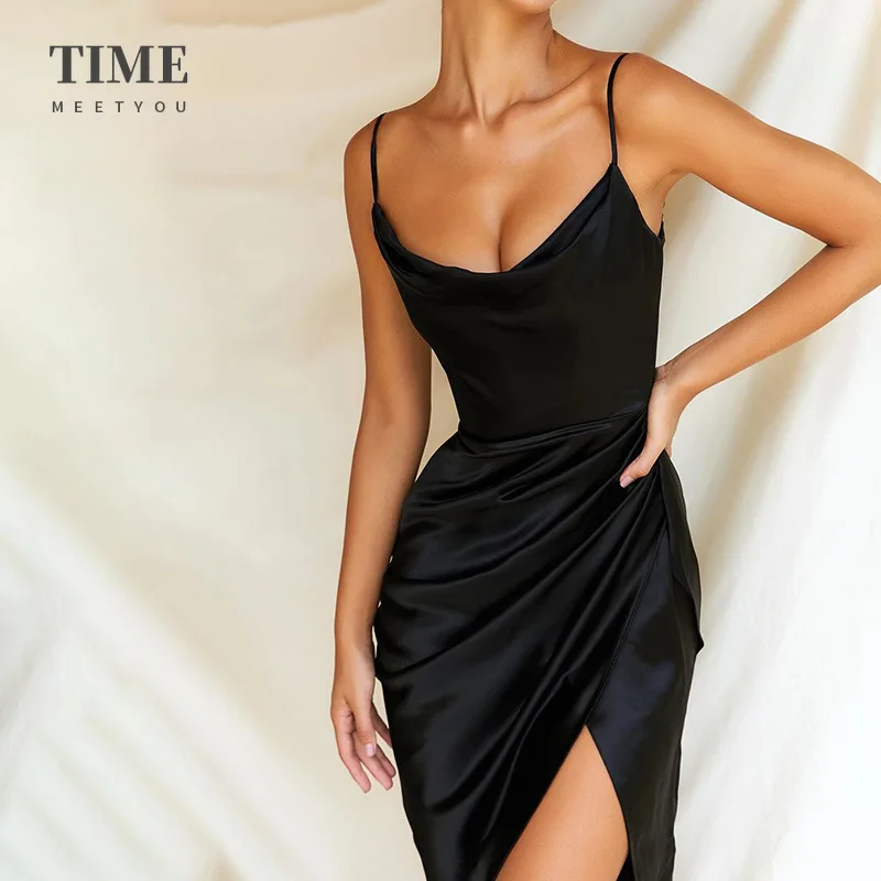

Slim Dress Women Summer Satin Party Black V-Neck Hight Side Split Sexy Mini Dress Open Cut Women Ruched Skinny Elegant Dresses