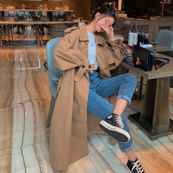 

Windbreaker Autumn Women's Windbreaker Loose Fashion Temperament Long Coat Double-breasted Lapel Simple Jacket