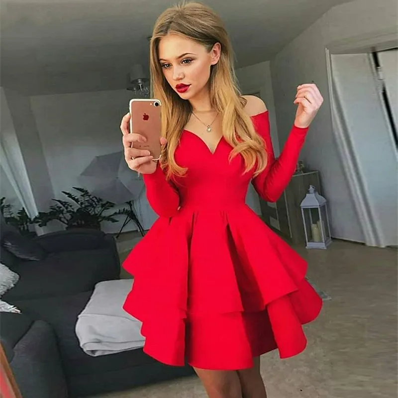 

Red A-Line Illusion Neck Tiered Short Cocktail Party Dress 2021 Grade Graduation Wear Homecoming Gowns Robe De Soriee