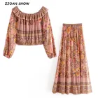 Женский праздничный комплект из 2 предметов, эластичный укороченный топ с цветочным принтом и вырезом лодочкой и оборками, оранжевая длинная юбка-макси с поясом на резинке, короткая рубашка в стиле бохо
