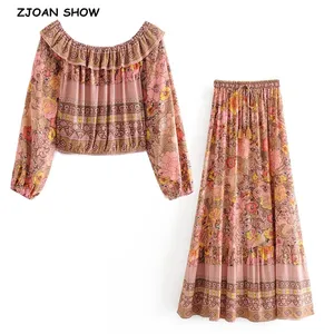 Женский праздничный комплект из 2 предметов, эластичный укороченный топ с цветочным принтом и вырезом лодочкой и оборками, оранжевая длинная юбка-макси с поясом на резинке, короткая рубашка в стиле бохо