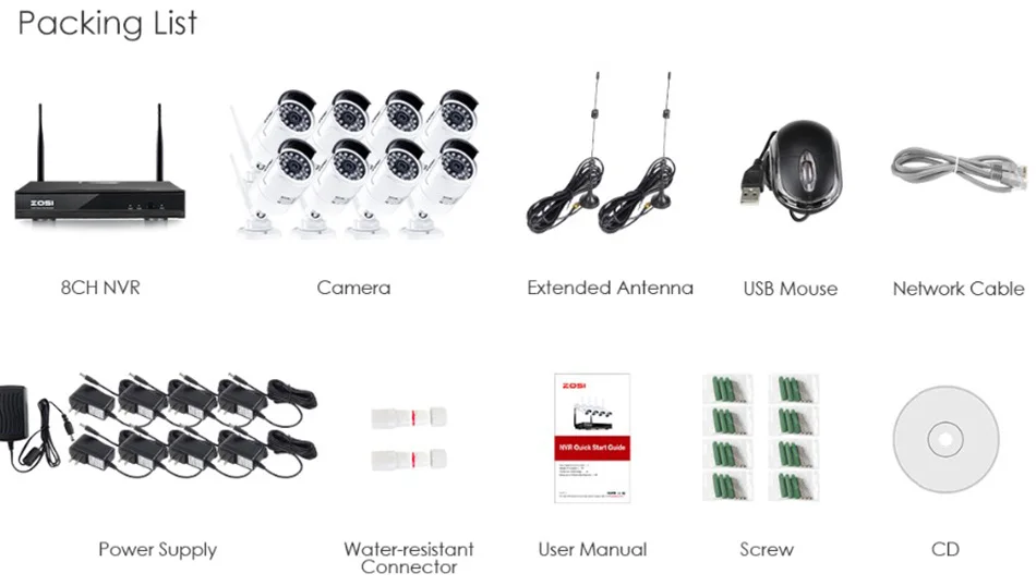ZOSI Plug and Play 8CH 1080P HD Беспроводной NVR комплект P2P 2.0MP Крытый Открытый ИК ночного видения безопасности IP камера WiFi CCTV система