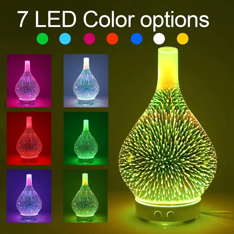 

3D Firework Glass Vase Shape Air Humidifier with 7 Color Led Night Light Aroma Essential Oil Diffuser Mist Maker Ultrasonic Humi