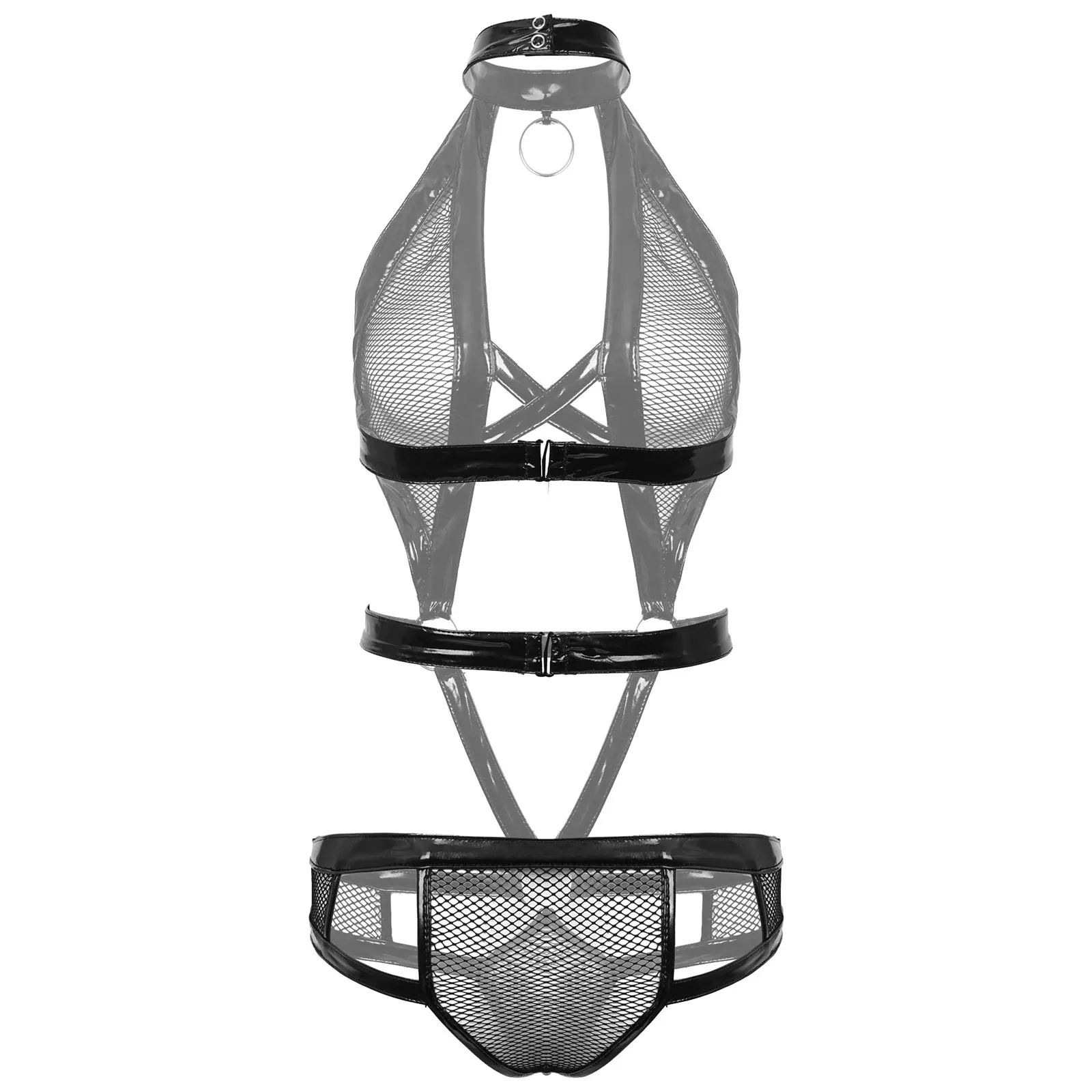 

Womens Mesh Leather Wet Look Exotic Teddies Bodysuit Hollow Out Cups Lingerie Bodysuit Catsuit for Nightclub Rave Party Costumes