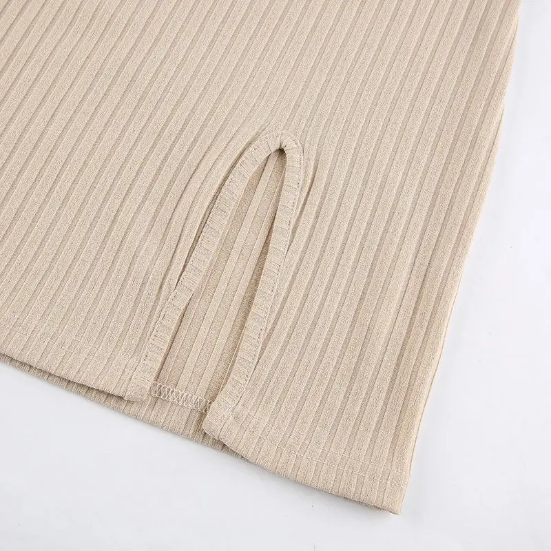 

Summer Sexy Bodycon Split Bandage Short Dress Women Fashion Wrap Long Sleeve Knitted Dresses Club Square Neck Khaki Mini Dress