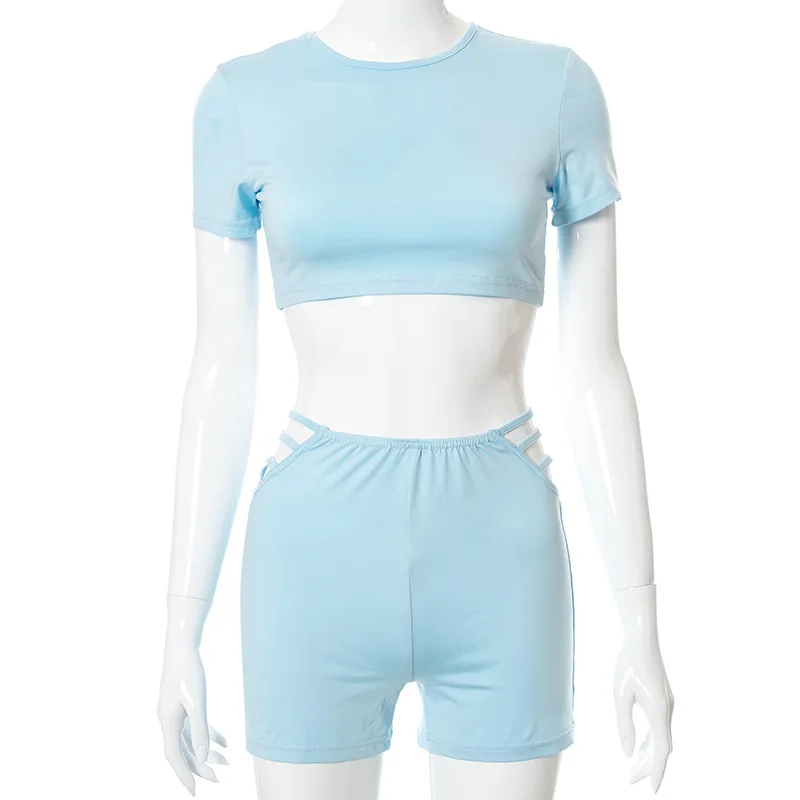 

2 piece set women tracksuit crop tops t-shirt and biker shorts sweat suit strappy hollow out fitness joggers outfits bodycon