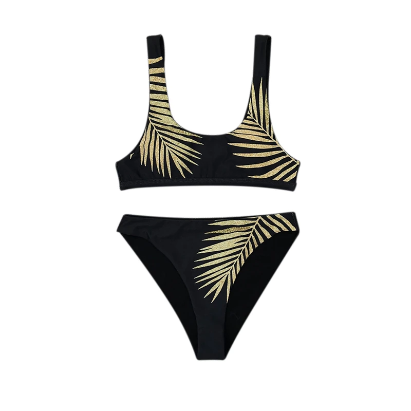 

Sexy Beachwear Female Swimwear Leaf Print Push Up Padded Bra and Mid Waist Bottoms Two-Piece Swimsuits for Women Bikini Sets
