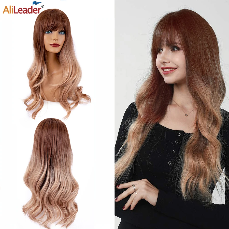 

Alileader синтетический парик для женщин длинный волнистый парик с челкой Омбре коричневые длинные волосы парик для косплея с бахромой синтети...