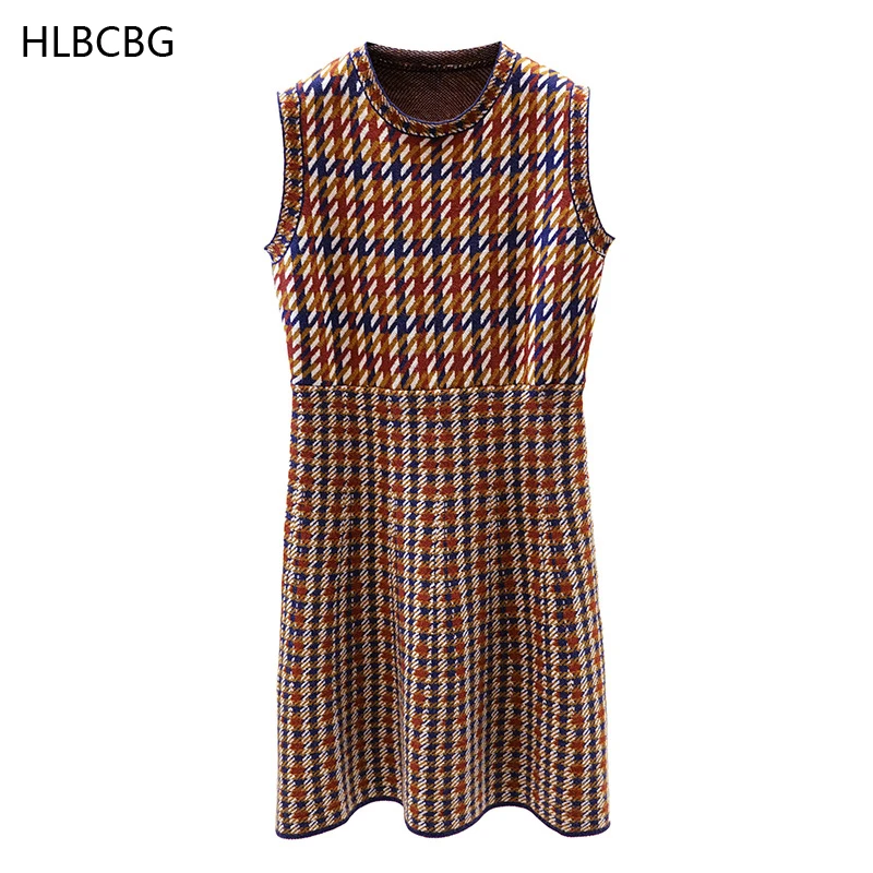 

HLBCBG 2021 New Spring Inside Dress Houndstooth Slim O-Neck A-Line Sleeveless Knitted Women Sweater Dress Elegant Office Lady
