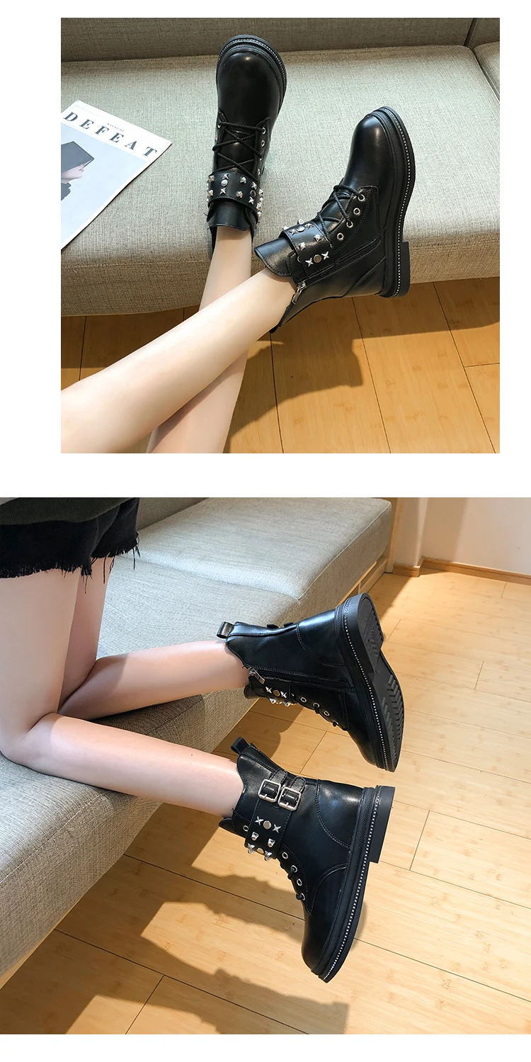 Women's Mid Calf Boots Rivets Shoes Low Heels booties Bootee Woman Booties Ladies Luxury Designer Round Toe Lace Up Rubber