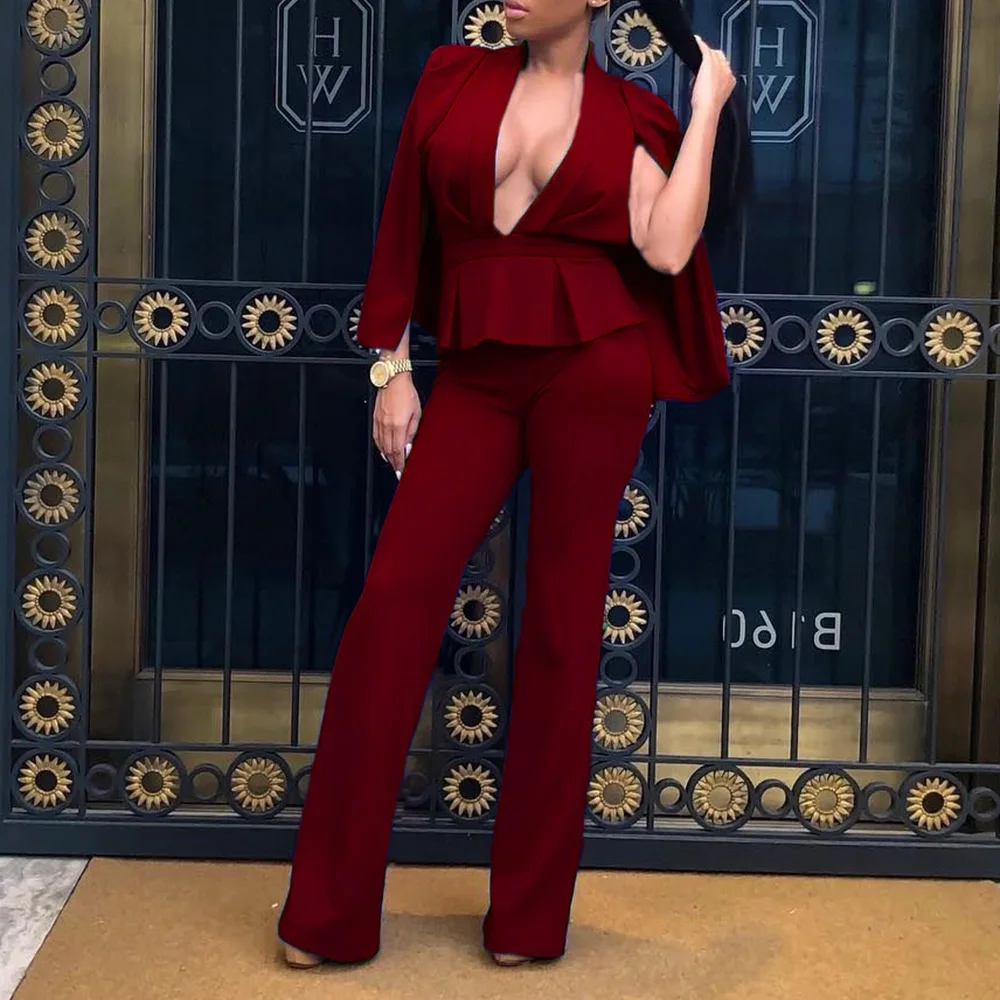 

Two Piece Set Top and Pants Sexy Women Deep V Neck Long Sleeve Tops Wide Leg Matching Sets Casual Office Ladies Pant Suit Outfit